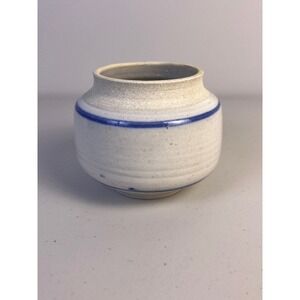 Studio Pottery Signed Small Speckled White Blue Stripe Bud Vase Stoneware 3in